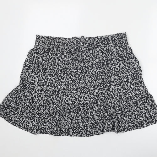 Marks and Spencer Womens Black Floral Cotton Mini Skirt Size 16 Drawstring