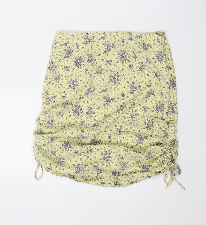 Reverse Womens Yellow Floral Polyester Mini Skirt Size S Zip - Ruched