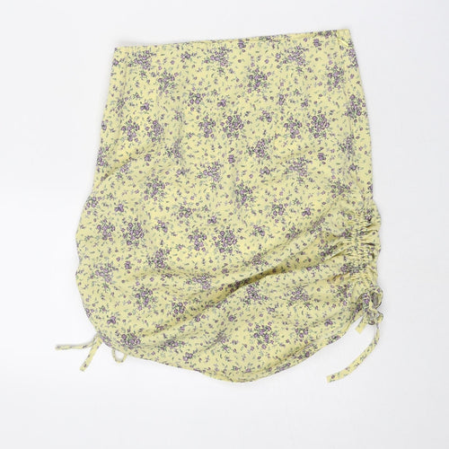 Reverse Womens Yellow Floral Polyester Mini Skirt Size S Zip - Ruched