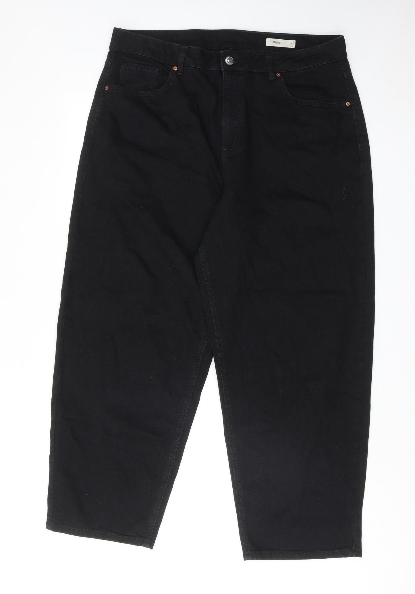 Marks and Spencer Womens Black Cotton Tapered Jeans Size 18 Regular Zip - Barrel Style