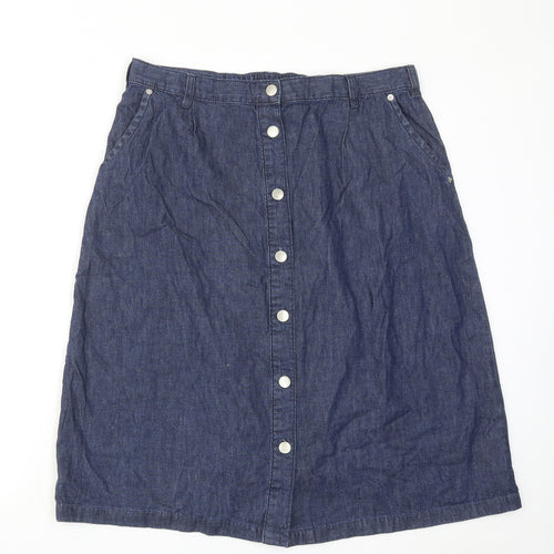 Damart Womens Blue Cotton A-Line Skirt Size 16 Button