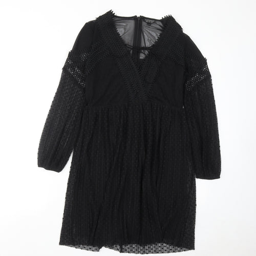 Topshop Womens Black Geometric Polyester Shift Size 10 V-Neck Zip