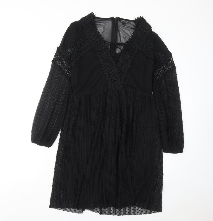 Topshop Womens Black Geometric Polyester Shift Size 10 V-Neck Zip