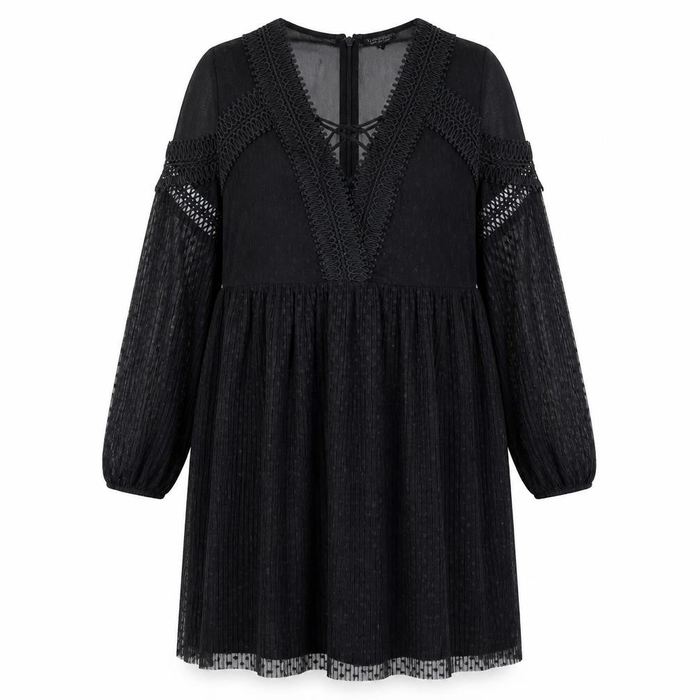 Front view of Topshop women’s black geometric polyester shift, size UK 10, v-neck zip