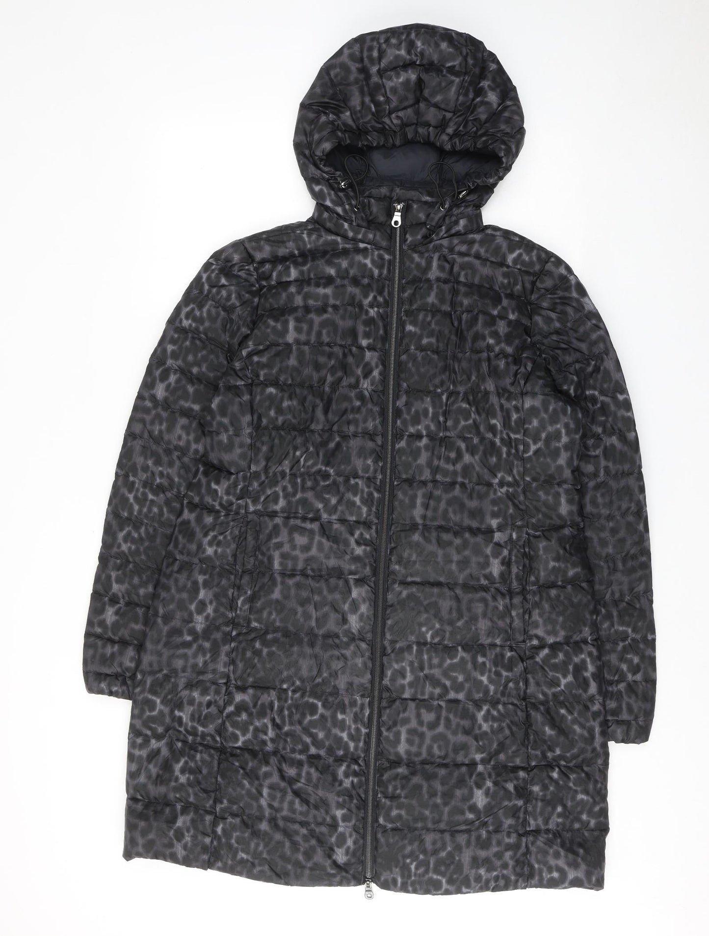 Marks and Spencer Womens Black Animal Print Quilted Coat Size 16 Zip - Leopard Pattern