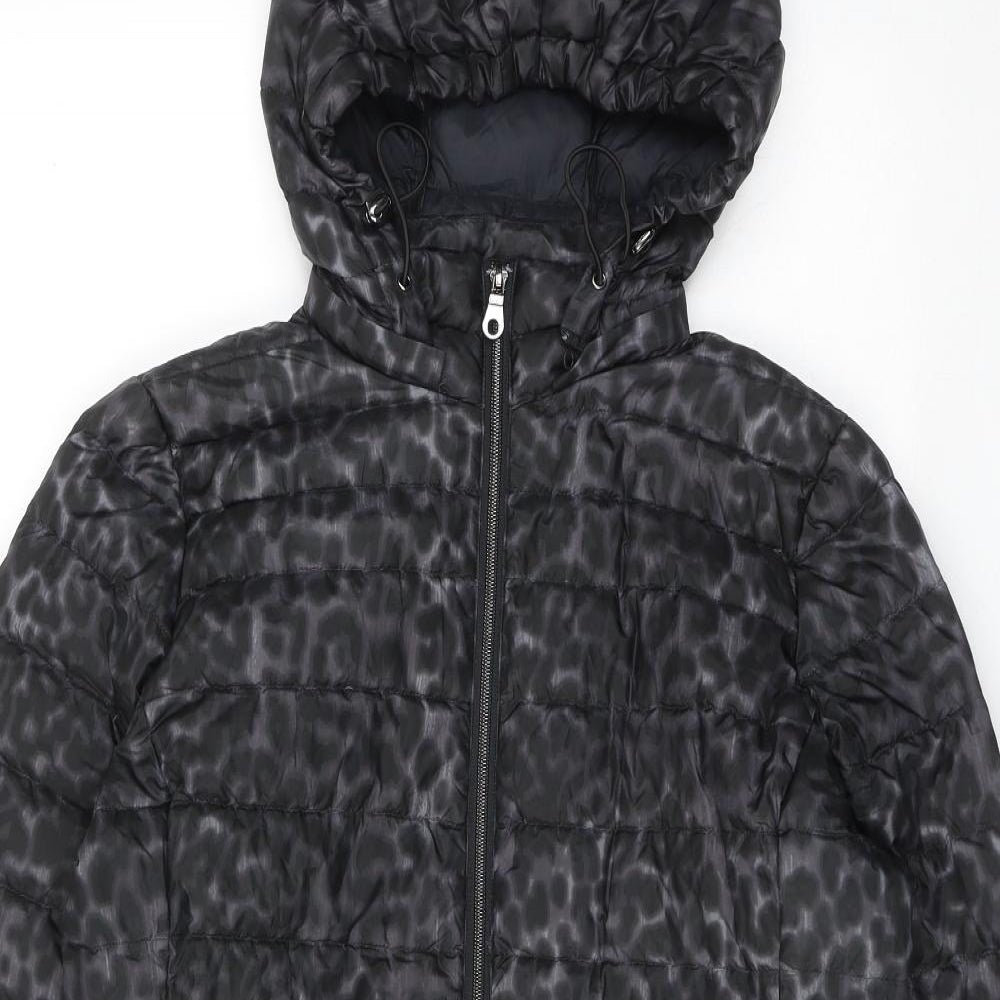 Marks and Spencer Womens Black Animal Print Quilted Coat Size 16 Zip - Leopard Pattern