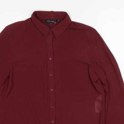 New Look Womens Red Polyester Basic Button-Up Size 8 Collared