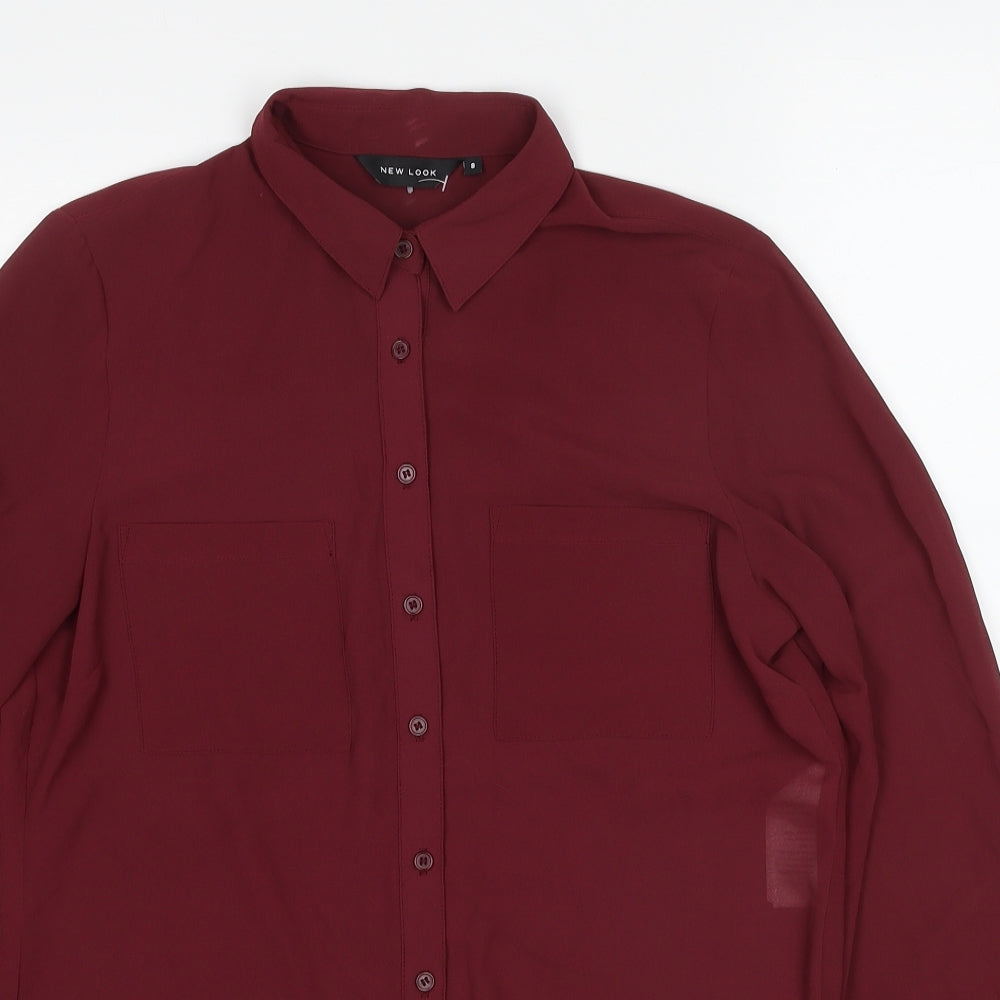 New Look Womens Red Polyester Basic Button-Up Size 8 Collared