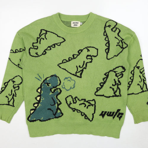 Aelfric Eden Mens Green Round Neck Polyester Pullover Jumper Size M Long Sleeve - Dinosaur
