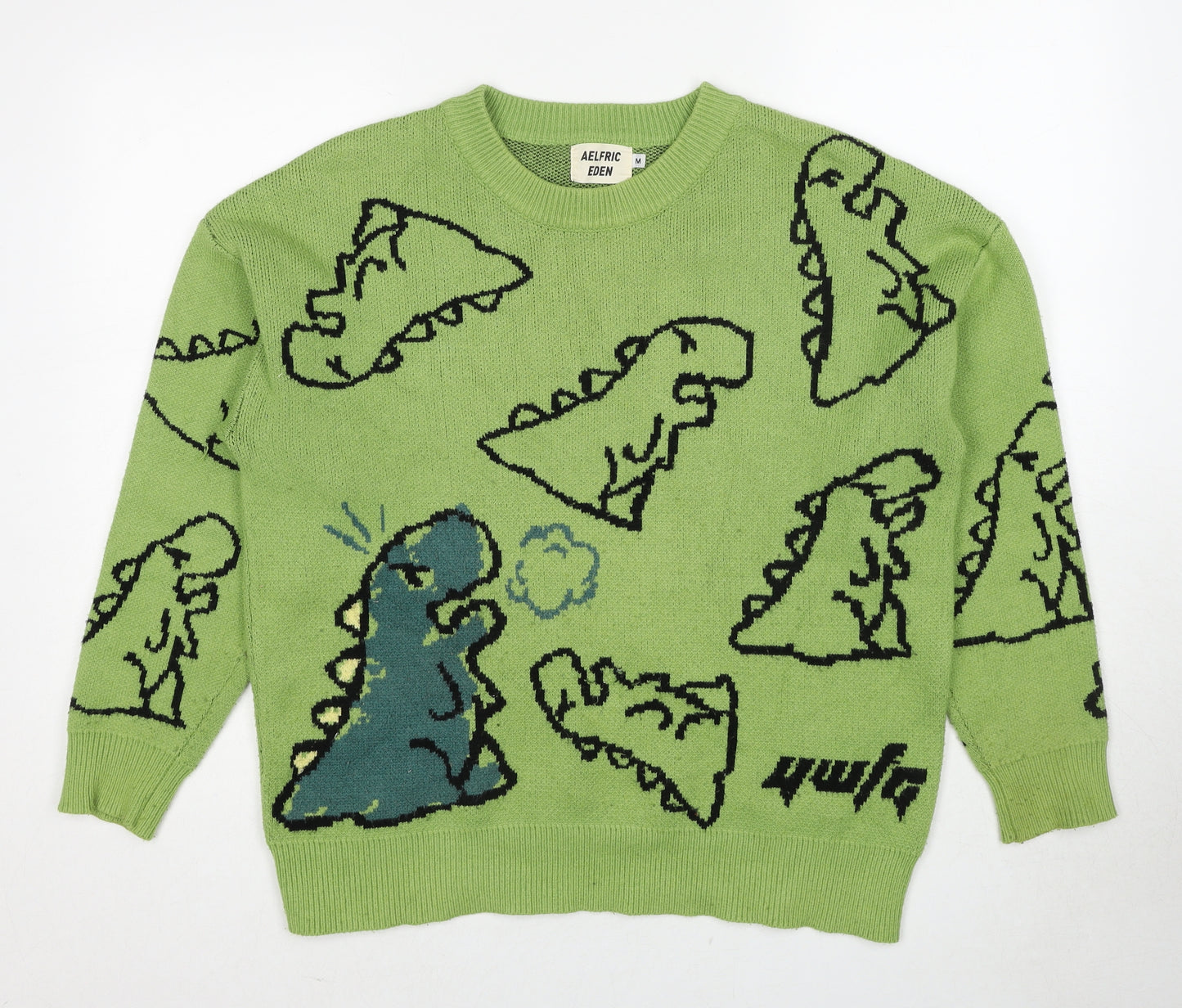Aelfric Eden Mens Green Round Neck Polyester Pullover Jumper Size M Long Sleeve - Dinosaur