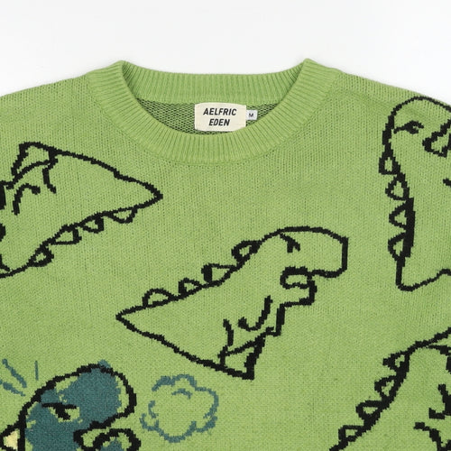 Aelfric Eden Mens Green Round Neck Polyester Pullover Jumper Size M Long Sleeve - Dinosaur
