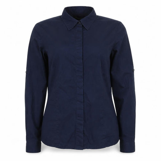 Front view of Vivance Collection women’s blue cotton basic button-up, size UK 10, collared