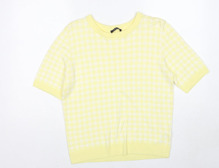 Marks and Spencer Womens Yellow Round Neck Check Viscose Pullover Jumper Size 16