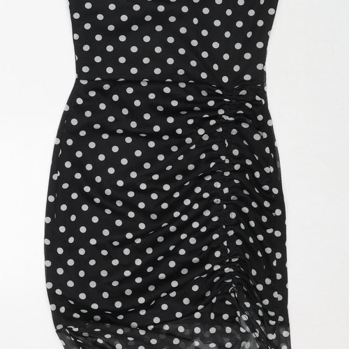 PRETTYLITTLETHING Womens Black Polka Dot Polyester Bodycon Size 10 Cowl Neck Pullover