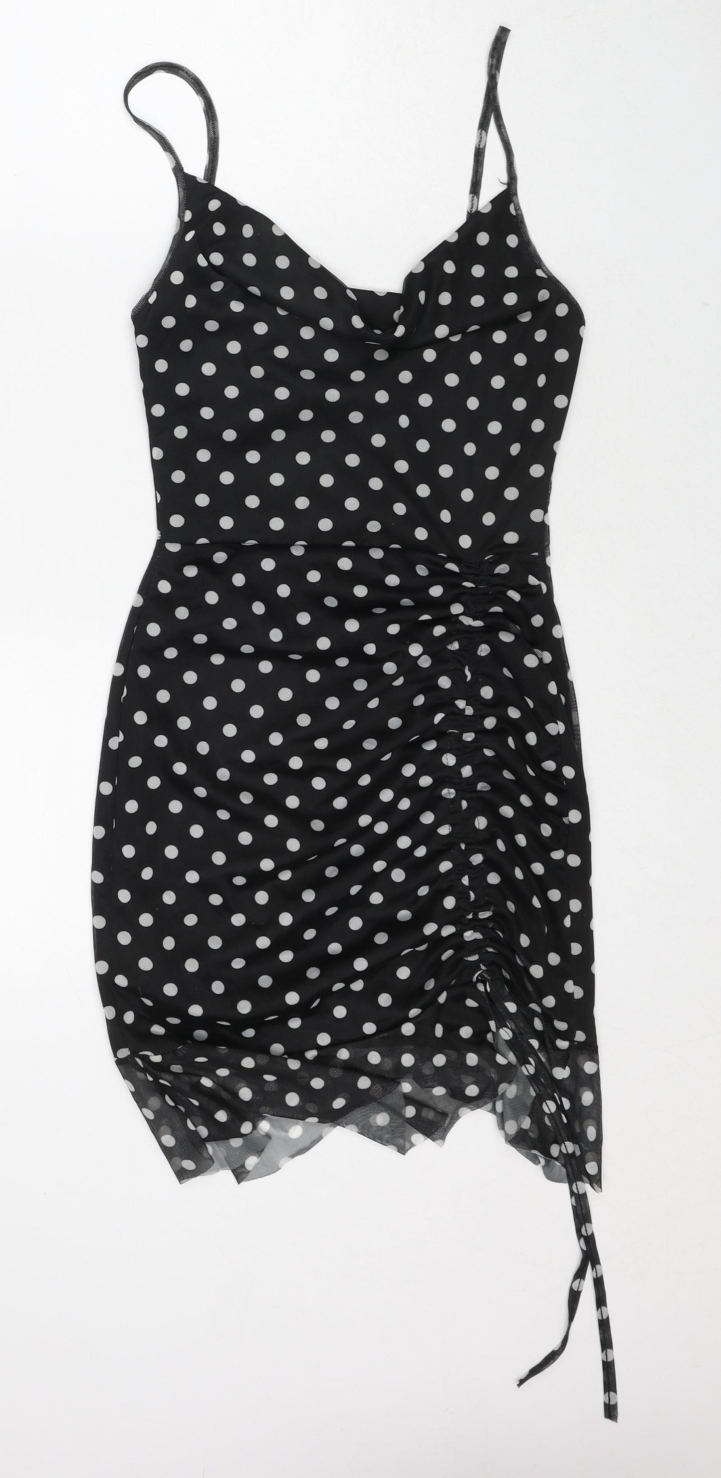 PRETTYLITTLETHING Womens Black Polka Dot Polyester Bodycon Size 10 Cowl Neck Pullover