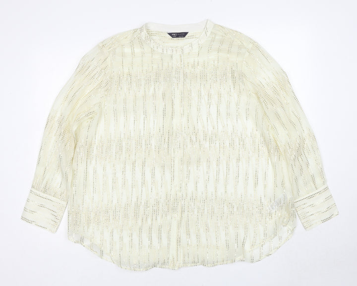Marks and Spencer Womens Gold Geometric Polyester Basic Button-Up Size M Round Neck