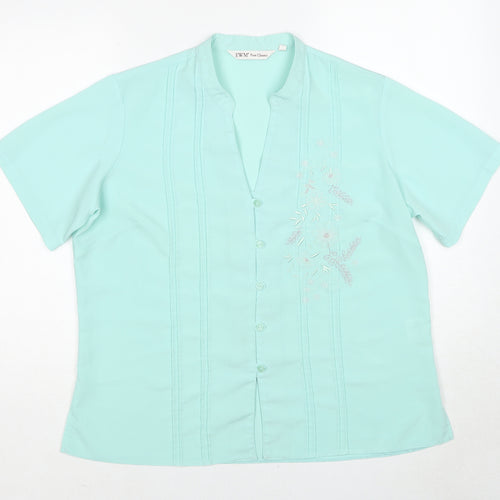 EWM Womens Blue Geometric Polyester Basic Button-Up Size 18 V-Neck
