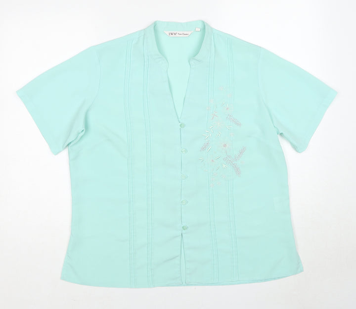 EWM Womens Blue Geometric Polyester Basic Button-Up Size 18 V-Neck