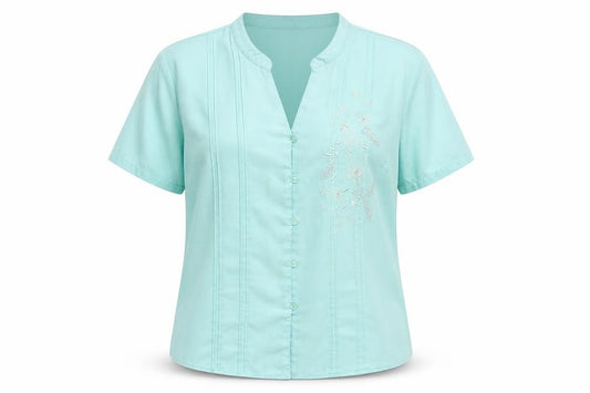 Front view of EWM women’s blue geometric polyester basic button-up, size UK 18, v-neck
