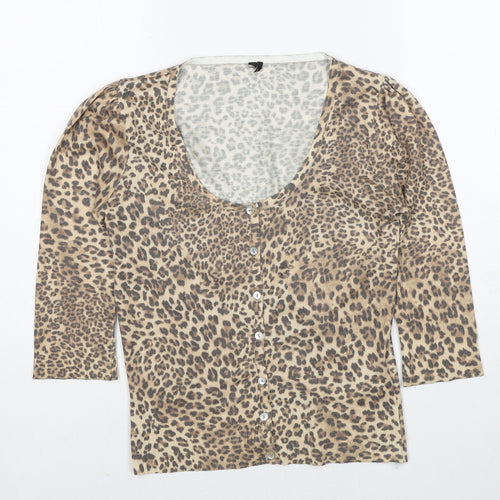 Topshop Womens Beige Round Neck Animal Print Polyester Cardigan Jumper Size 12 - Leopard Pattern