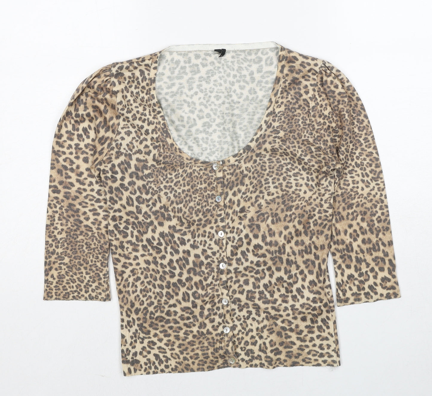 Topshop Womens Beige Round Neck Animal Print Polyester Cardigan Jumper Size 12 - Leopard Pattern