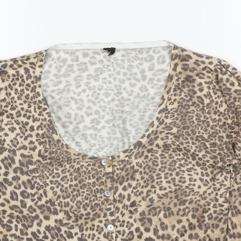 Topshop Womens Beige Round Neck Animal Print Polyester Cardigan Jumper Size 12 - Leopard Pattern