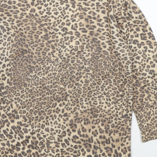 Topshop Womens Beige Round Neck Animal Print Polyester Cardigan Jumper Size 12 - Leopard Pattern