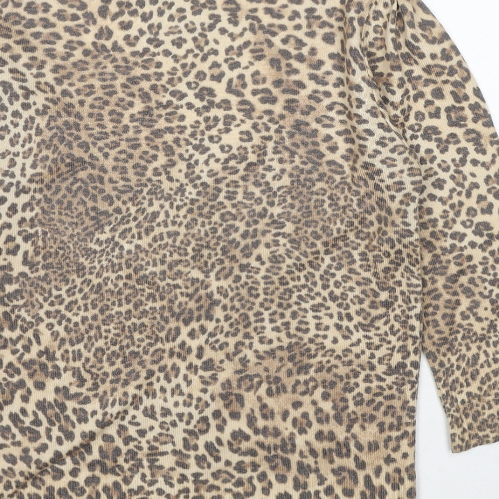 Topshop Womens Beige Round Neck Animal Print Polyester Cardigan Jumper Size 12 - Leopard Pattern