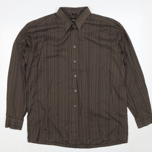 ECHOl Mens Brown Striped Polyester Button-Up Size L Collared Button - Collar 16-16½''