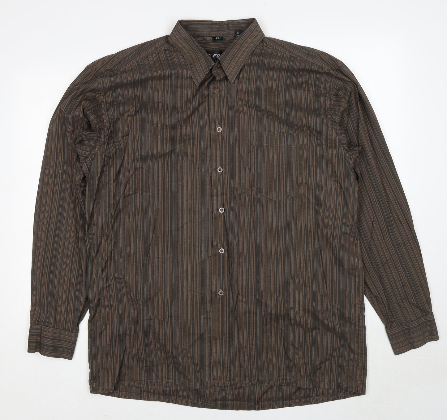 ECHOl Mens Brown Striped Polyester Button-Up Size L Collared Button - Collar 16-16½''