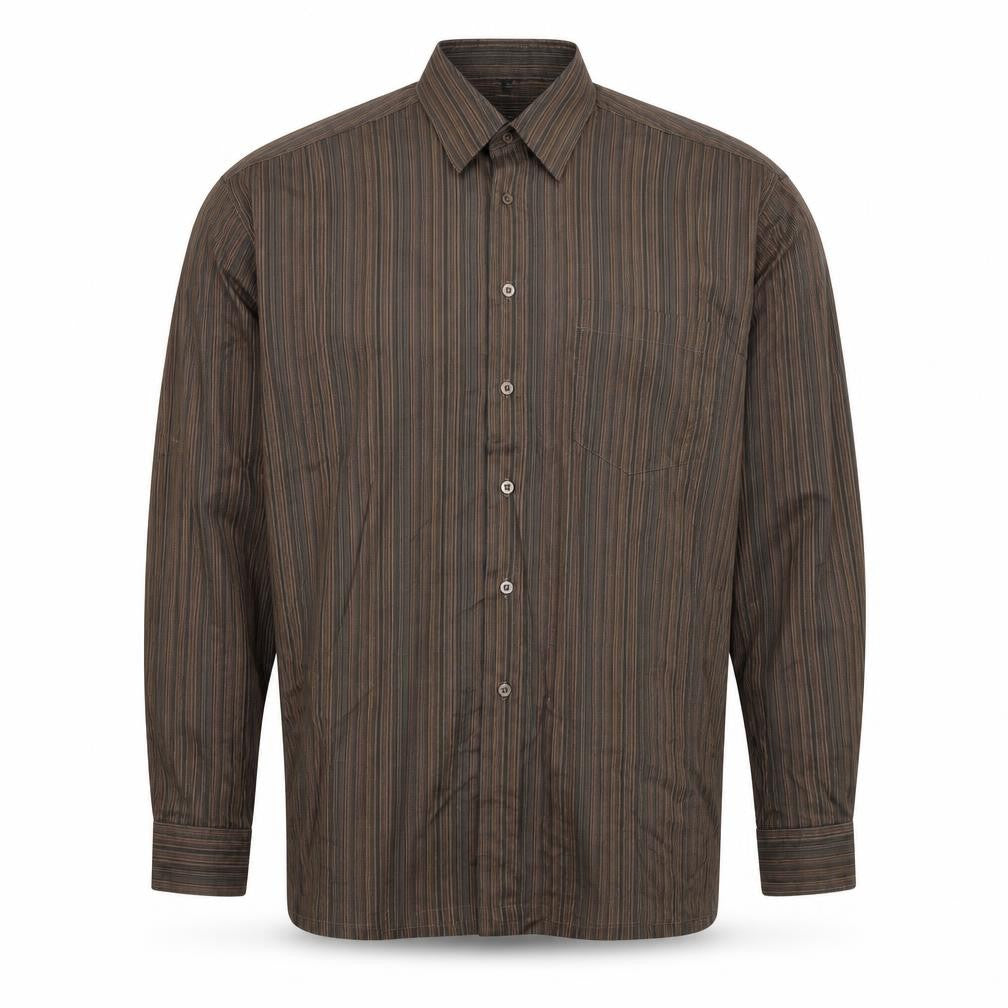 Front view of ECHOl men’s brown striped polyester button-up, size L, collared button - collar 16-161⁄2''
