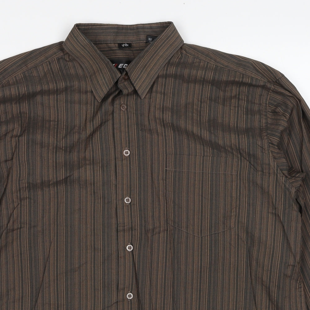 ECHOl Mens Brown Striped Polyester Button-Up Size L Collared Button - Collar 16-16½''