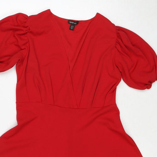 Boohoo Womens Red Polyacrylate Fibre Fit & Flare Size 16 V-Neck Pullover