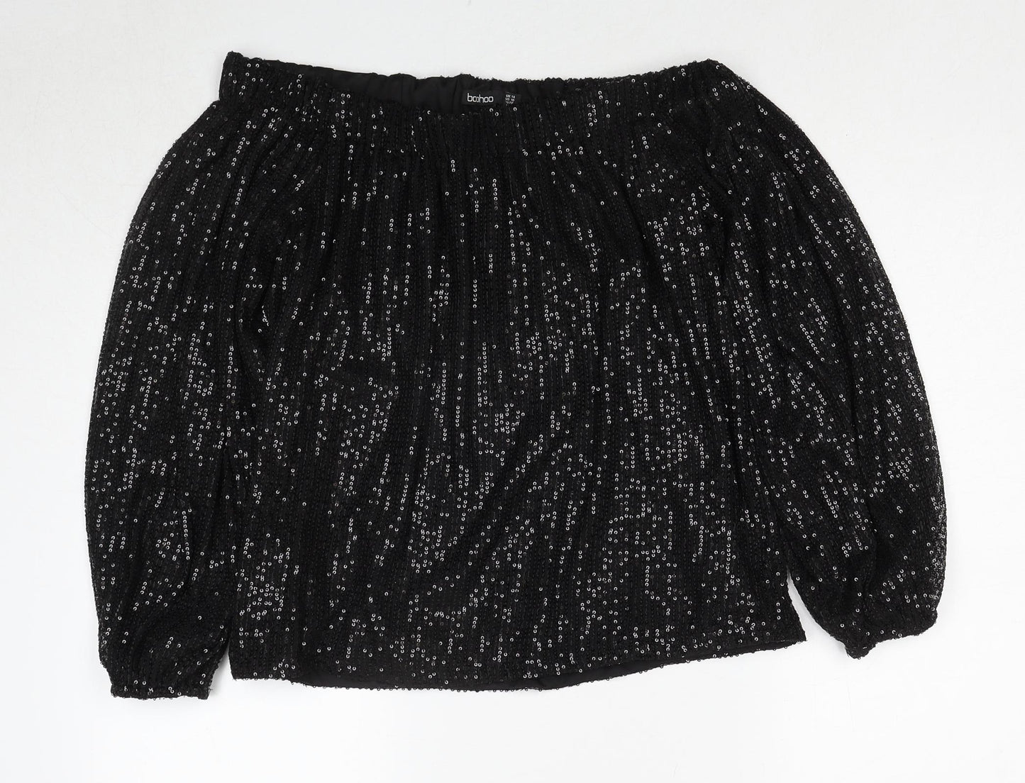 Boohoo Womens Black Polyester Basic Blouse Size 14 Off the Shoulder