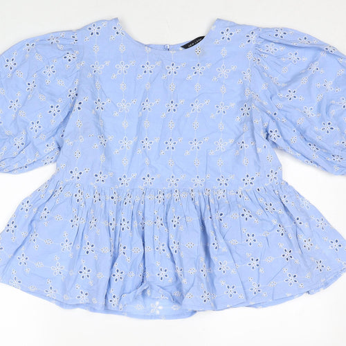 New Look Womens Blue Floral Cotton Basic Blouse Size 8 Round Neck