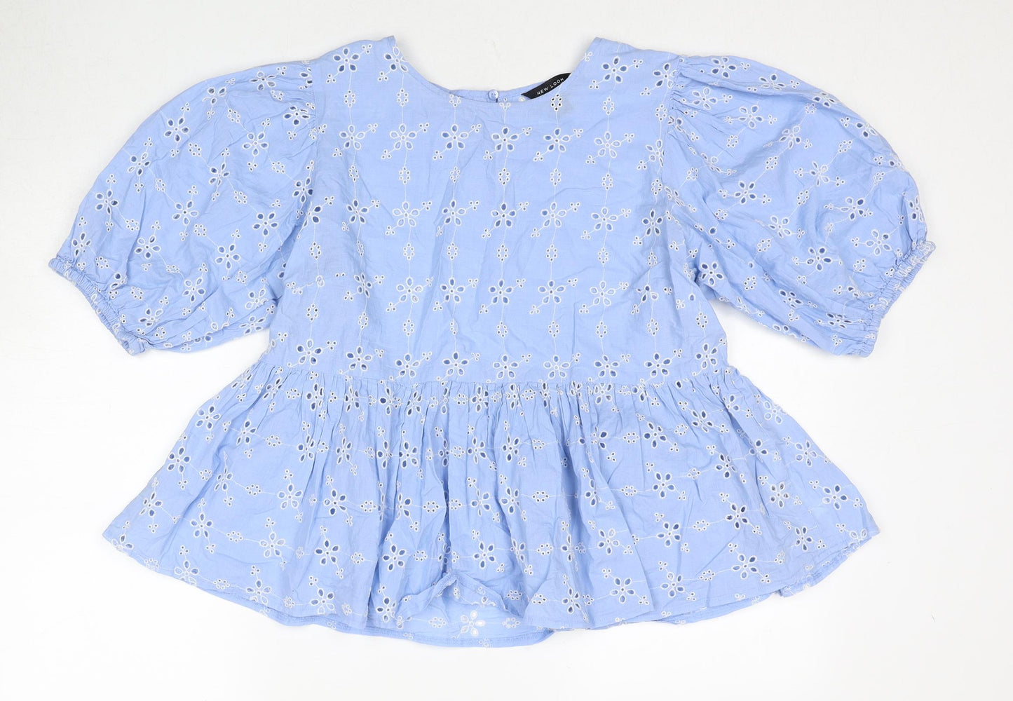 New Look Womens Blue Floral Cotton Basic Blouse Size 8 Round Neck