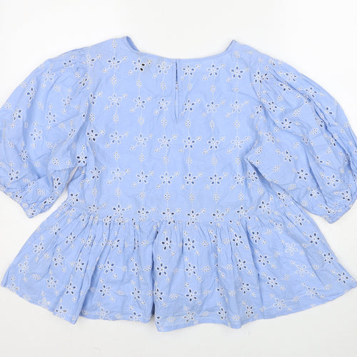 New Look Womens Blue Floral Cotton Basic Blouse Size 8 Round Neck