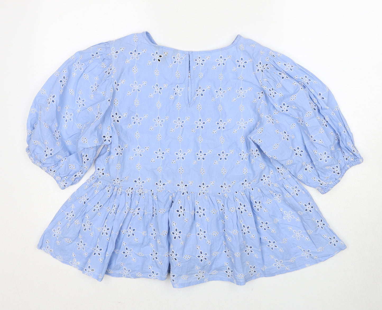 New Look Womens Blue Floral Cotton Basic Blouse Size 8 Round Neck