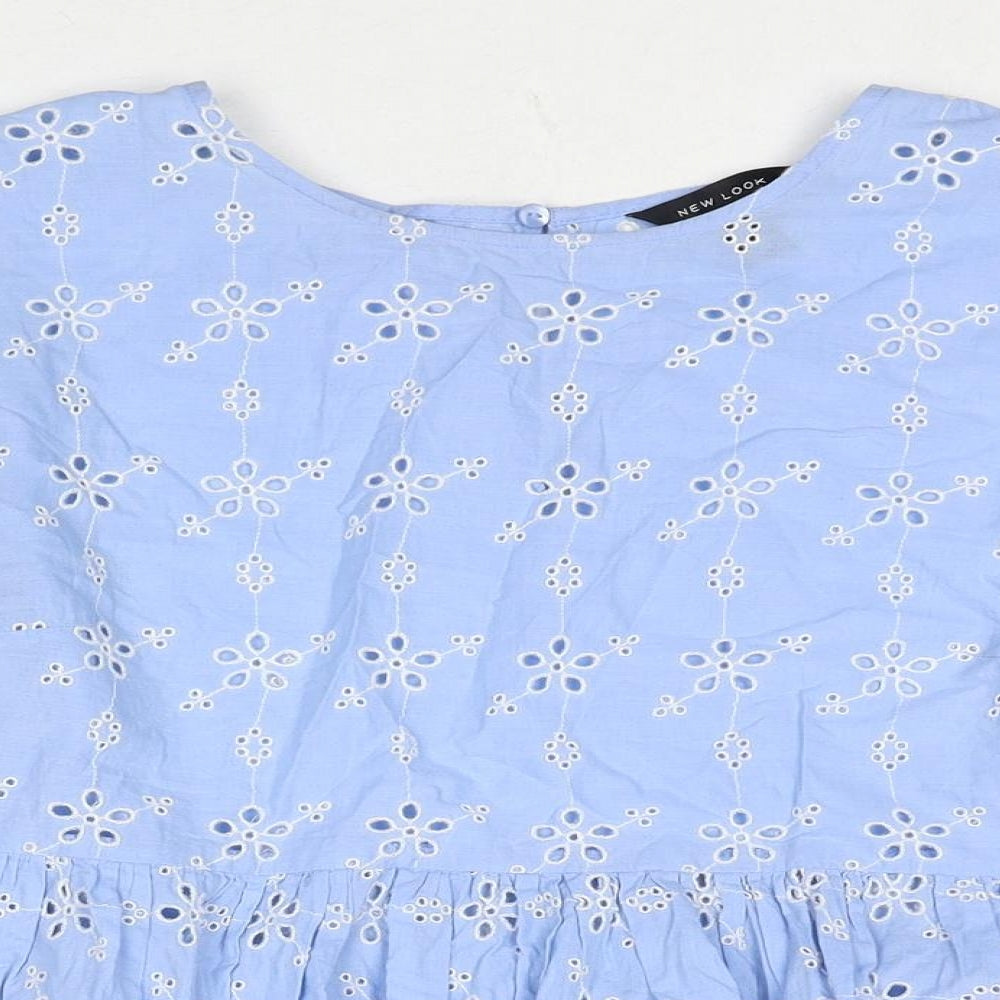New Look Womens Blue Floral Cotton Basic Blouse Size 8 Round Neck