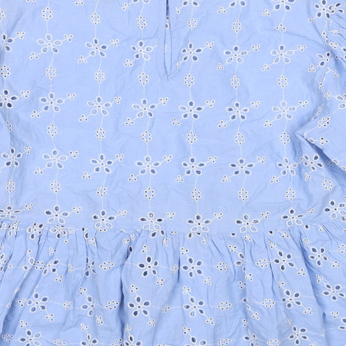 New Look Womens Blue Floral Cotton Basic Blouse Size 8 Round Neck