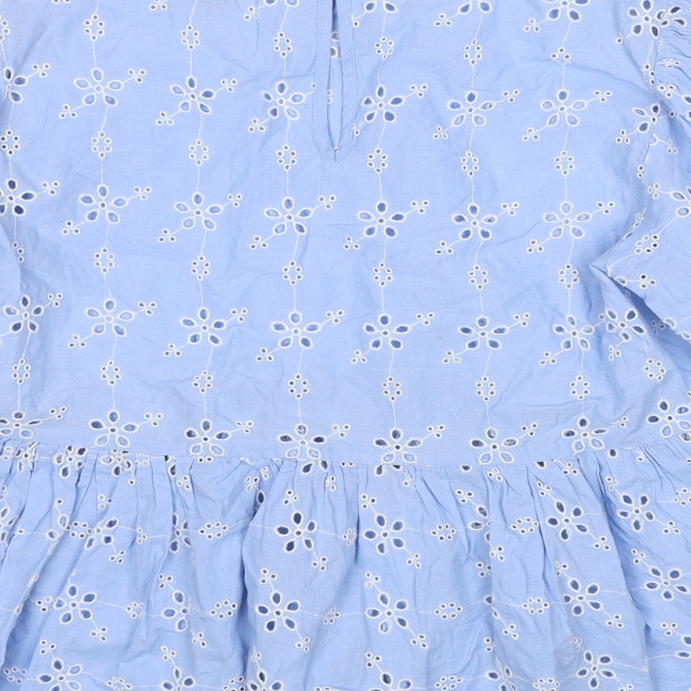 New Look Womens Blue Floral Cotton Basic Blouse Size 8 Round Neck