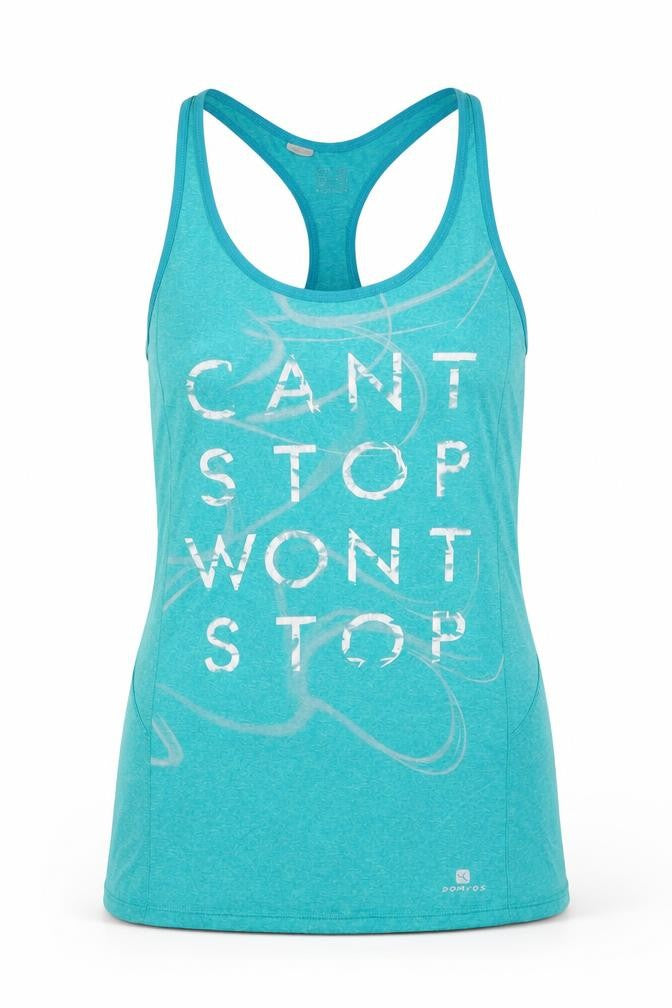Front view of Decathlon women’s blue polyester camisole tank, size UK 8, round neck pullover - cant stop wont stop