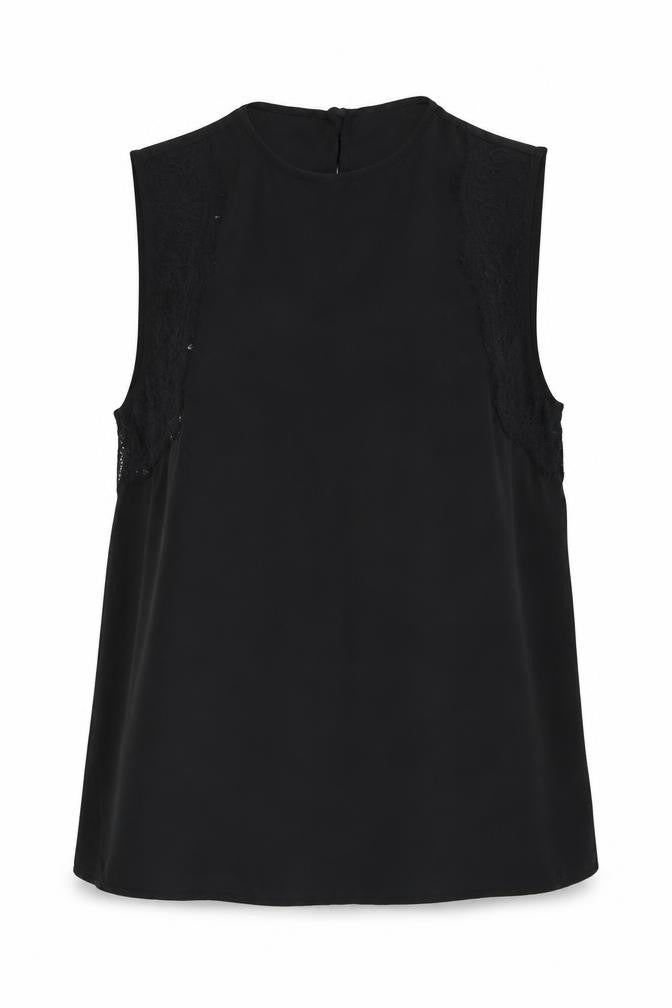 Front view of Warehouse women’s black polyester basic tank, size UK 10, round neck - lace detail