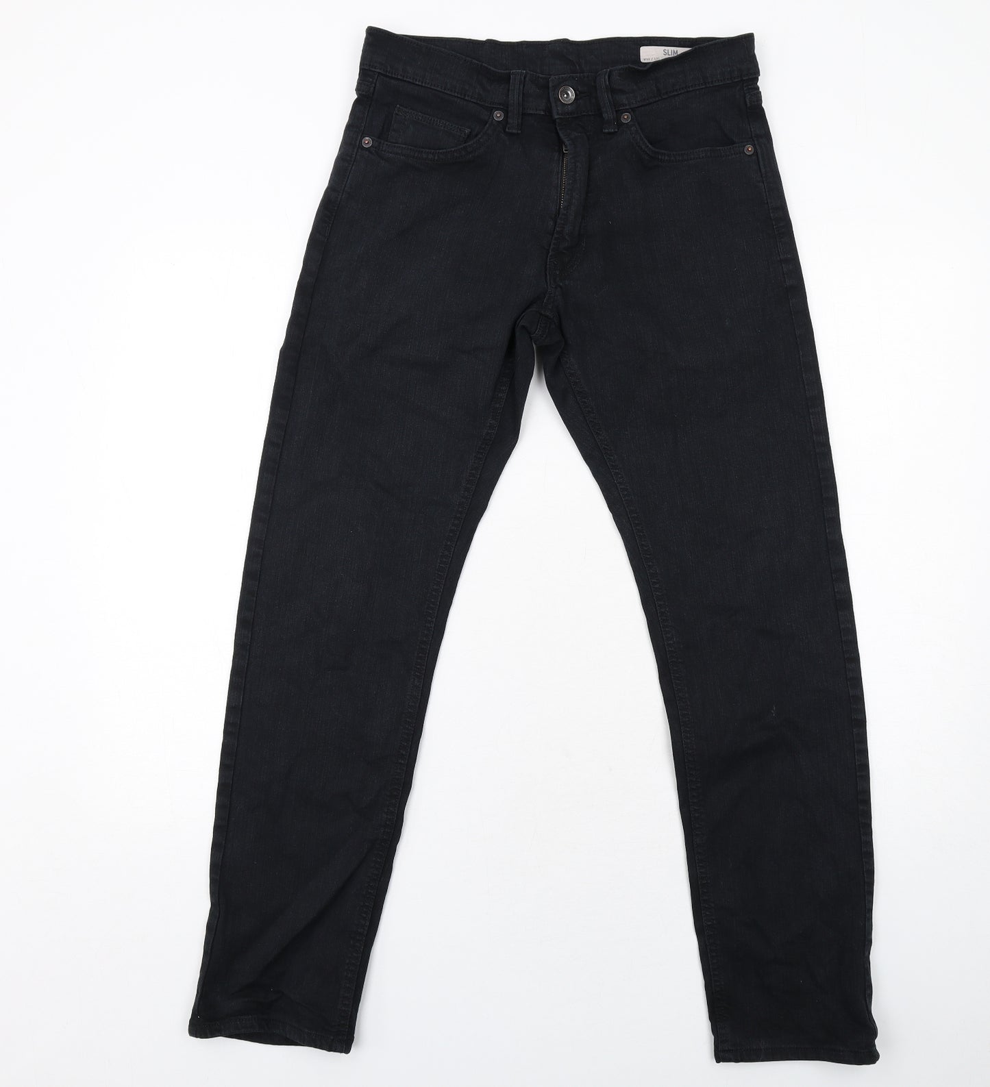 Marks and Spencer Mens Black Cotton Straight Jeans Size 30 in L31 in Slim Zip