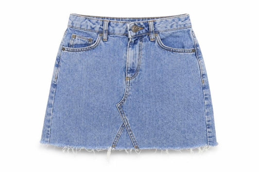 Front view of BDG women’s blue cotton a-line skirt, size XS, zip