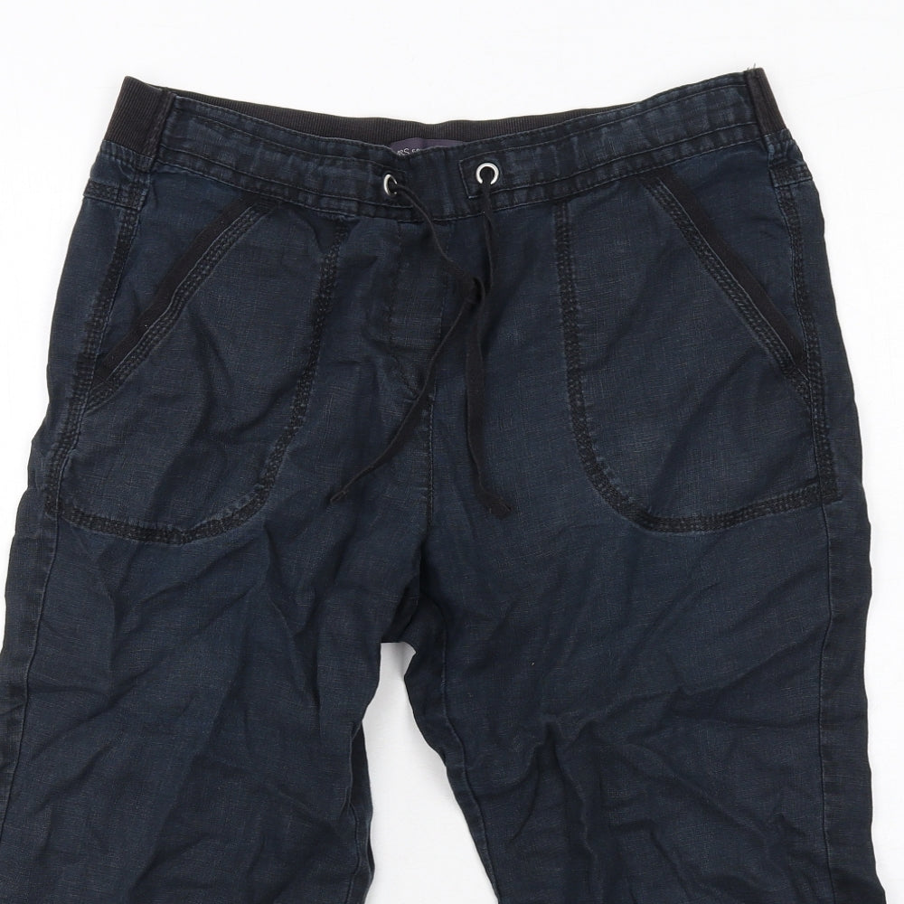 Marks and Spencer Womens Blue Cotton Cropped Trousers Size 12 Regular Drawstring