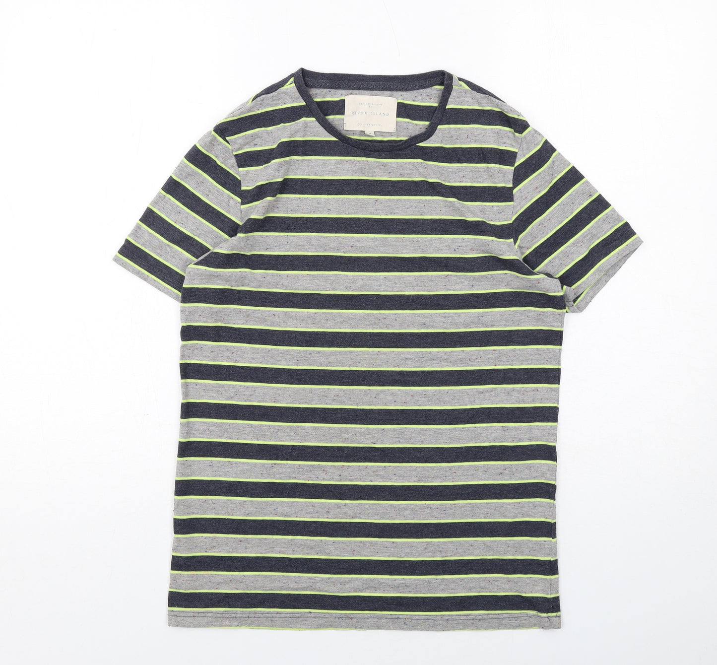 River Island Mens Grey Striped Cotton T-Shirt Size S Round Neck
