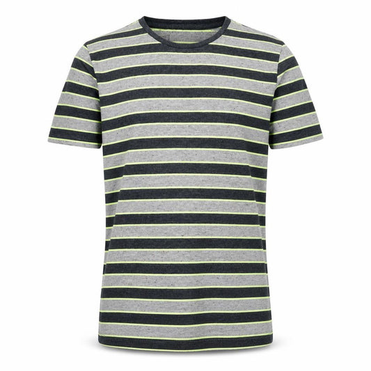 Front view of River Island men’s grey striped cotton t-shirt, size S, round neck