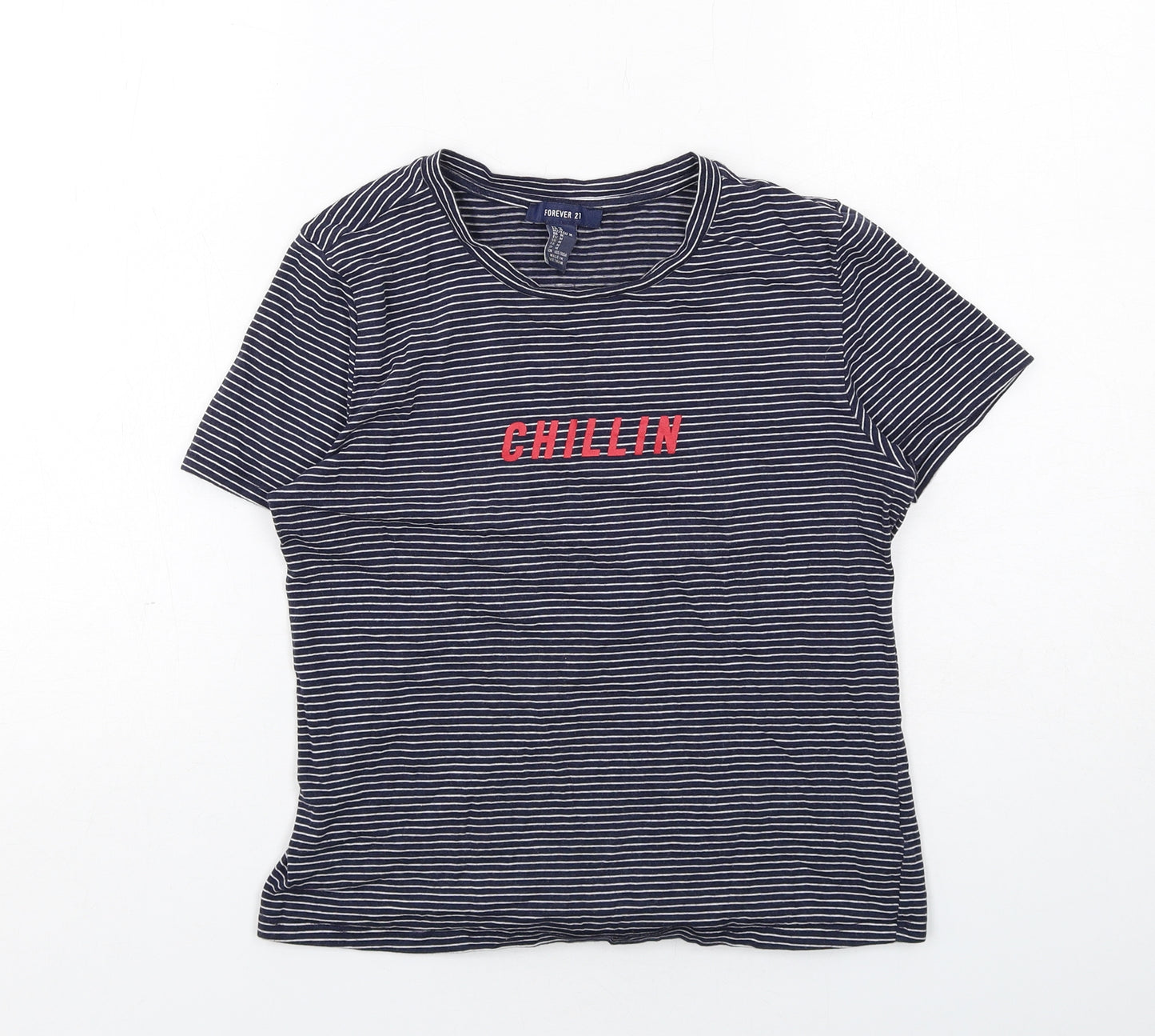 FOREVER 21 Womens Blue Striped Cotton Basic T-Shirt Size M Round Neck - Chillin