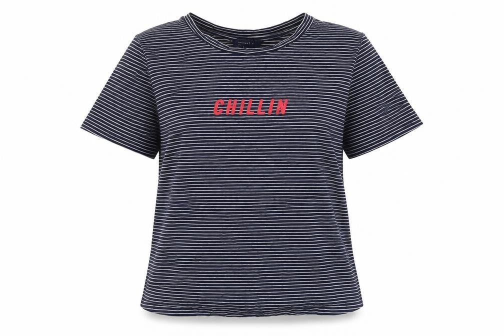 Front view of Forever 21 women’s blue striped cotton basic t-shirt, size M, round neck - chillin